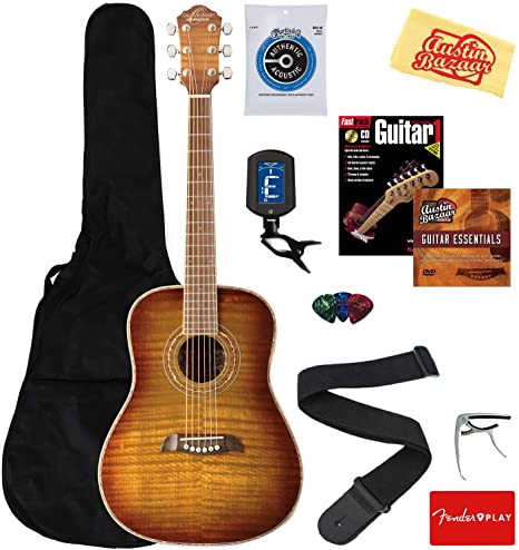 Oscar Schmidt OG1FYS 3/4-Size Kids Learn-to-Play Acoustic Guitar Bundle w/Gig Bag, Strings, Tuner, Strap, Picks, Book, Capo, DVD, and Austin Bazaar Polishing Cloth - Flame Yellow Sunburst