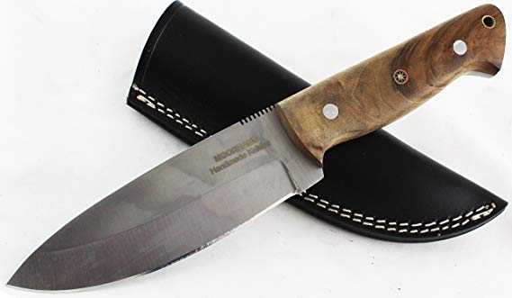 Moorhaus Full Tang Bushcraft Knife - Wood Handle - Handmade Drop Point Good for Camping/Hunting/Skinning - Fixed blade Knife includes Leather Sheath
