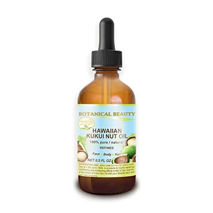 KUKUI NUT OIL HAWAIIAN 100% Pure/Refined Cold Pressed Carrier Oil for Skin, Hair, Lip and Nail Care. 0.5 Fl.oz.- 15 ml. Botanical Beauty