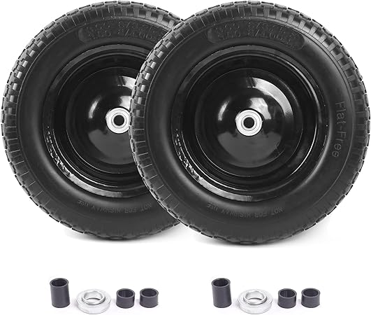 (2-PACK) 4.80/4.00-8" Flat Free Tire and Wheel - Universal Fit 14.5" Solid Wheelbarrow Tires with 3" Hub and 5/8" Bearings – Extra Adapter kit includes 3/4" Ball Bearings, 1" and 1/2" Nylon Spacers