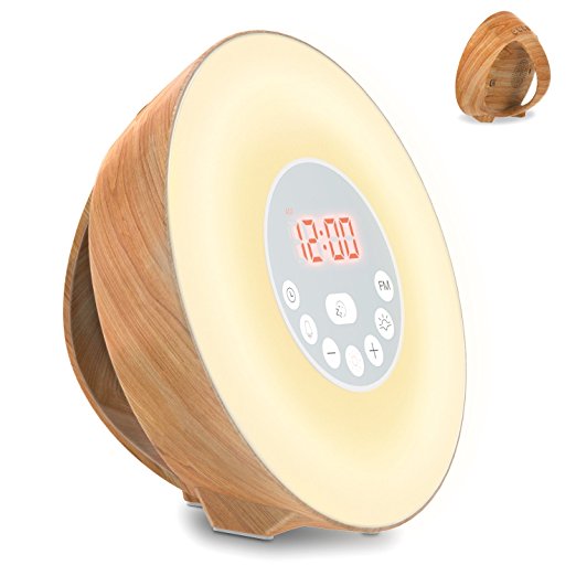 Wood Grain Wake Up Light,Alarm Clock,7 Colors Bedside FM Radio, Touch Control,with 6 Natural Sounds & FM Radio,for Adults and Children