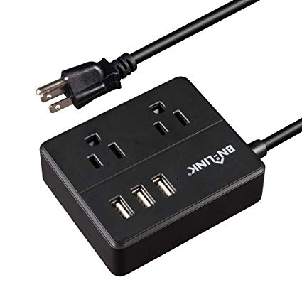 BN-LINK Mini Desk Power Strip with 2 Outlets and 3 USB Ports, 5 Feet Cord, Black