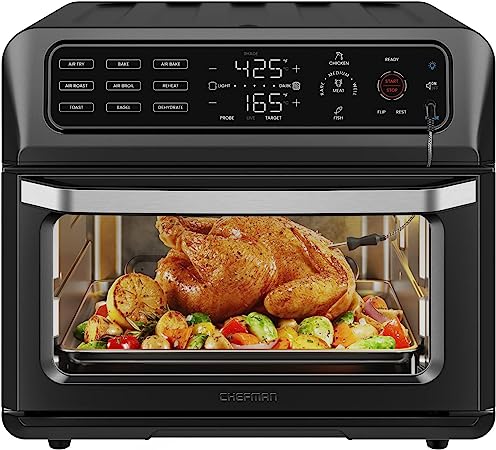 Chefman Air Fryer Toaster Oven Combo with Probe Thermometer, 5-In-1 Black Convection Oven Countertop, 10 Inch Pizza, 4 Slices of Toast, Cooking, Baking, Toasting, Roaster Oven Air Fryer 20 Qt