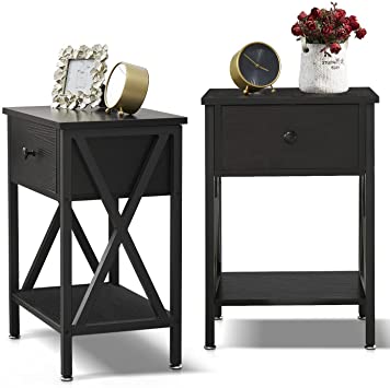 VECELO Night Stands for Bedroom Nightstand Bedside End Tables with Drawer Storage, (Set of 2), Matte Black