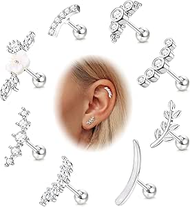 LOLIAS 8Pcs 16G Cartilage Earrings for Women, CZ Helix Earrings Stud,Flower Leaf Tragus Cartilage Helix Conch Piercing Jewelry Set for Sensitive Skins