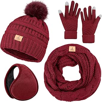 Winter Hat Scarf Gloves and Ear Warmer, Warm Knit Beanie Hat Touch Screen Gloves Set Winter Gifts Neck Scarves for Women