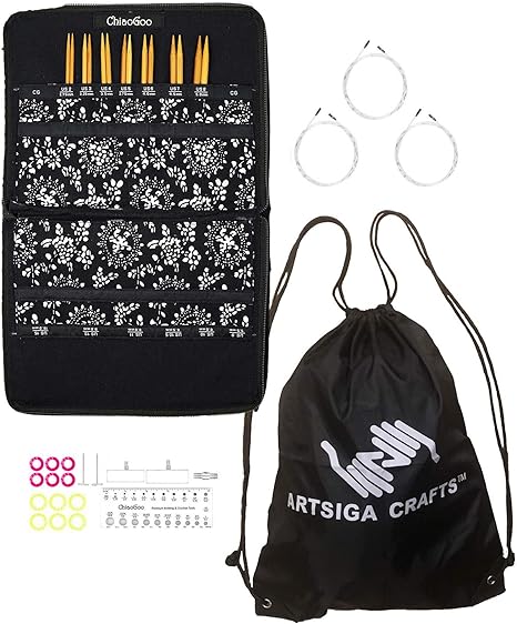 ChiaoGoo Spin Bamboo 4-Inch Small 2400-S Interchangeable Circular Knitting Needle Set, Sizes US 2, 3, 4, 5, 6, 7, 8 with 3 Cords, 12 Stitch Markers, 1 Gauge Bundle with 1 Black Project Bag