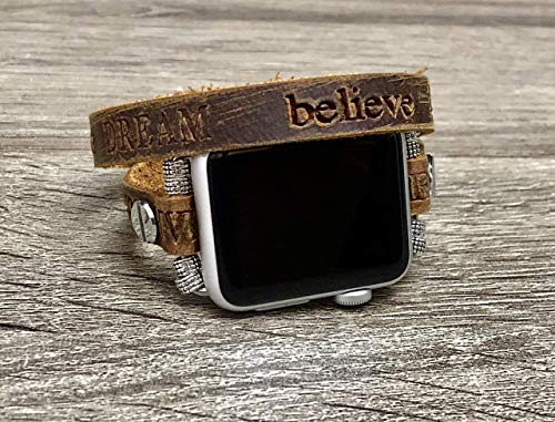 Fashion Double Wrap Brown Leather Bracelet For Apple Watch 38 mm All Series Handmade Embossed Inspirational Words Apple Watch Band Adjustable Size Bracelet for Your Apple Watch