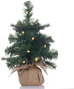 Pre-Lit Artificial Mini Christmas Tree,12 inch Miniature Pine Xmas Tree with 20 LED Lights,40 Branch Tips,Desktop Christmas Tree Burlap Base-(30cm)