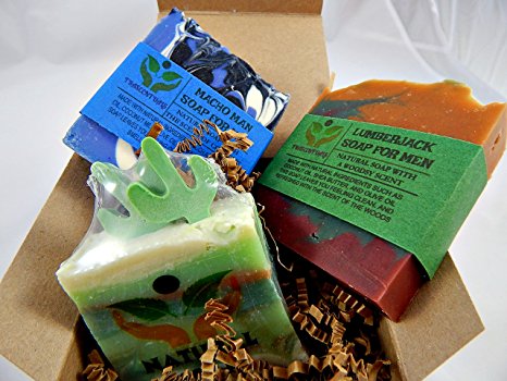 Men's Soap Gift Set 3 All Natural Soaps in 1 Gift-able Box W/ Ribbon and Bow Includes Lumberjack, Mojave Mirage, and Macho Man Soaps For Men (SINGLE 3 PACK)