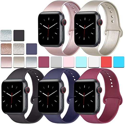 [Pack 5] Silicone Bands Compatible for Apple Watch Band 38mm 40mm 42mm 44mm Strap Compatible for Apple iWatch Series 5 4 3 2 1 (Black/Rose Gold/Gold/Navy Blue/Wine red, 42mm/44mm-S/M)