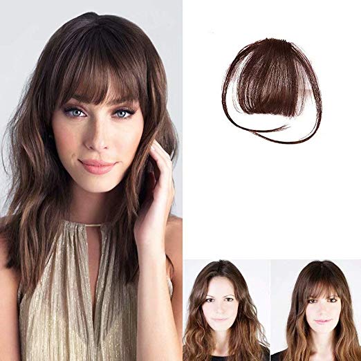 HIKYUU Human Hair Bangs Clip on Real Hair Light Brown with Temples Air Fringes Bangs Extensions Human Hair Natural Clip