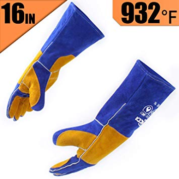 RAPICCA Leather Forge Welding Gloves Heat/Fire Resistant, Mitts for Oven/Grill/Fireplace/Furnace/Stove/Pot Holder/Tig Welder/Mig/BBQ/Animal handling Glove with 16 inches Extra Long Sleeve - Blue