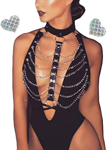 Rave Hologram Body Chest Harness Cage Bra Choker Chain Belts Body Costume with Pasties for Music Festival Roleplay Clubwear