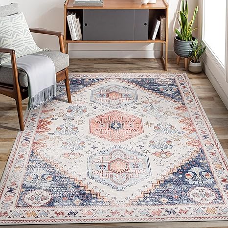 Super Area Rugs - 5X7 Machine Washable Rug Traditional Vintage Living Room Rug - Low Pile - Pastel, 5' x 7'