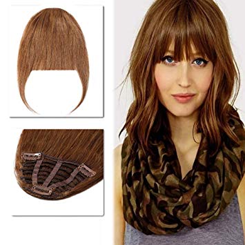 Clip in Human Hair Bangs with Temple Full Fringe One-Piece Short Straight Clip on Extensions Hair Piece Accessories for Women #6 Light Brown