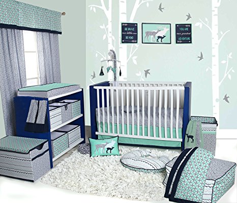 Bacati Noah Tribal 10 Piece Nursery-in-a-Bag Cotton Percale Crib Bedding Set with Bumper Pad, Mint/Navy