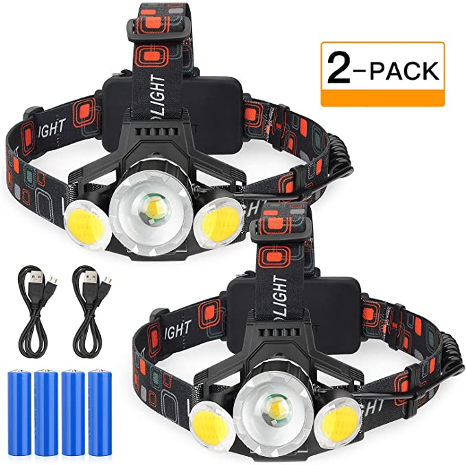 2020 Newest Rechargeable LED Headlamp, 2 Pack 10000 Lumen Super Bright Zoomable Headlight, 4 Modes USB Recharge Flashlight, Waterproof Head Lights with Red Light for Camping Hiking Outdoors