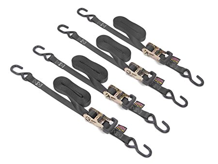 1" x 15ft PowerTye Made in USA Rubber Handle Yellow-Zinc Ratchet Tie-Downs with 4in S-Hooks, Black, 4-Pack