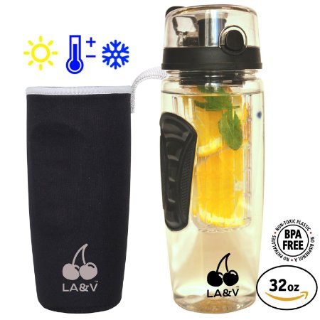 LA&V Fruit Infuser Water Bottle 32 Oz - Insulation Carrier Holder - Best Infuser Water Bottle for Sport - Leak Proof - Flip Lid - Push Button to Open - Ergonomic Grip - Tritan BPA Free