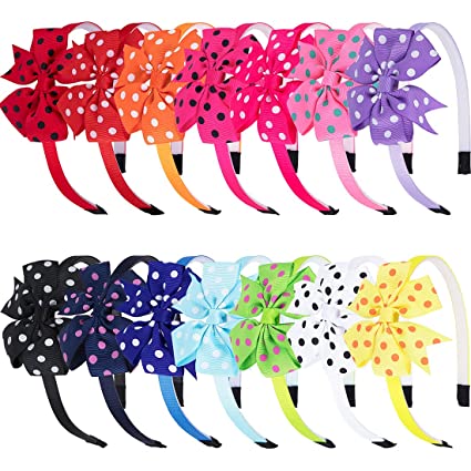 XIMA Polka Dot Bows Headbands for Girls,Grosgrain Bows Hairbands with Teeth for Toddlers Teens Children,Baby Girls Hair Accessorirs Pack of 14 (14pcs-Dot bows headbands)