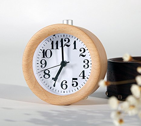 WAYCOM Classic Small Round Wood Grain Mute Table Alarm Clock with Nightlight