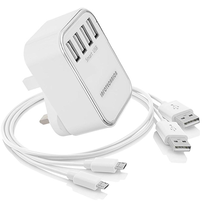 Portable 4.8A 24Watt Output Quad 4 USB Charging Ports Wall Charger UK Plug Adapter with smart device recognition feature compatible with many devices like Nokia, LG G3/G4, Google Nexus 7, Samsung Galaxy S5/S4/S3, Tab 3, Note 3/2, aPad/ePad Android Tablet, TomTom, Garmin and many other devices and e-readers that can be charged via the wall socket (4.8A 4xUSB ports White)