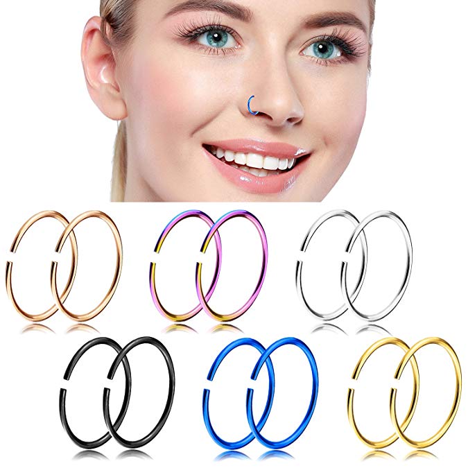Nose Hoop Ring,18-20G 12PCS Stainless Steel Body Jewelry Piercing Nose Ring Hoop,Tragus Hoop Earring.