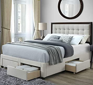 DG Casa Soloman Upholstered Panel Bed Frame with Storage Drawers and Wood Trim Tufted Headboard, King Size in Beige Linen Style Fabric