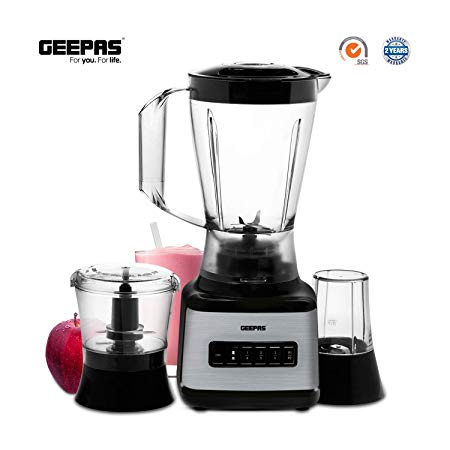 Geepas 500W 3 in 1 Stainless Steel Blender with 1.5L Plastic jar & Stainless Steel Blades Plastic jug with 8 Speed & Anti-Slip feet Design – 2 Year Warranty
