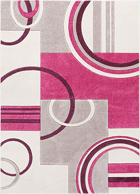 Well Woven Echo Shapes Circles Fuchsia Modern Geometric Hand Carved 8x11 (7'10" x 9'10") Area Rug Easy to Clean Stain Fade Resistant Thick Soft Plush