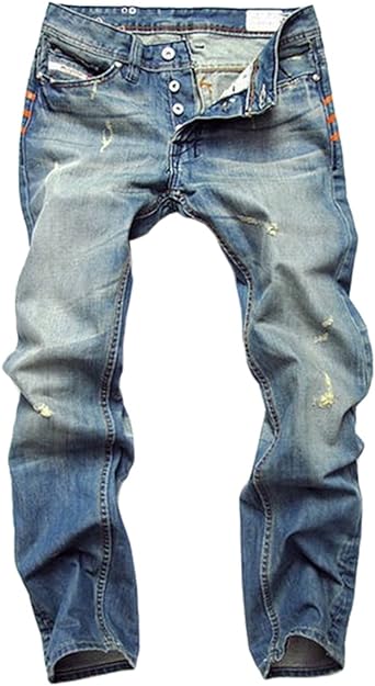 ACEFAST INC Men Ripped Straight Denim Jeans Retro Button Fly Pants Fashion Trousers Blue