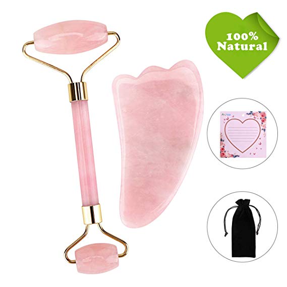 Rose Quartz Roller and Gua Sha Scrap Tool-ProCIV Jade Roller Anti Aging Wrinkle Face Roller Massager 100% Real Natural Jade Stone Face Eye Neck Beauty Roller For Slimming & Firming With Pouch Bag