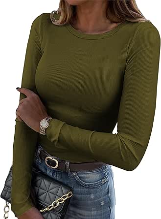 Zeagoo Womens Long Sleeve Stretch Crewneck Ribbed T-Shirt Slim Fit Casual Basic Tops S-XXL