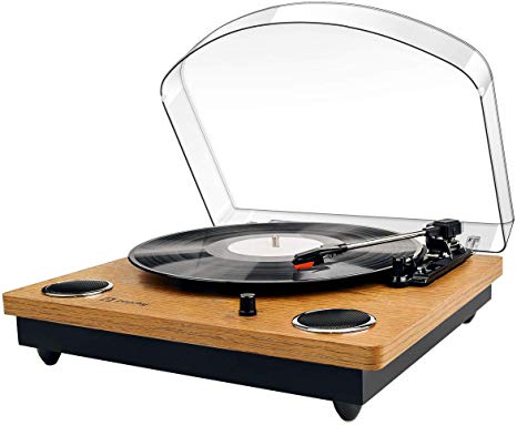 Popsky Record Player, Bluetooth Vinyl Turntable Record Player with THREE Speeds and Built-in 2 Stereo Speakers, Vinyl to MP3 Function, USB, RCA Output, Natural Wood