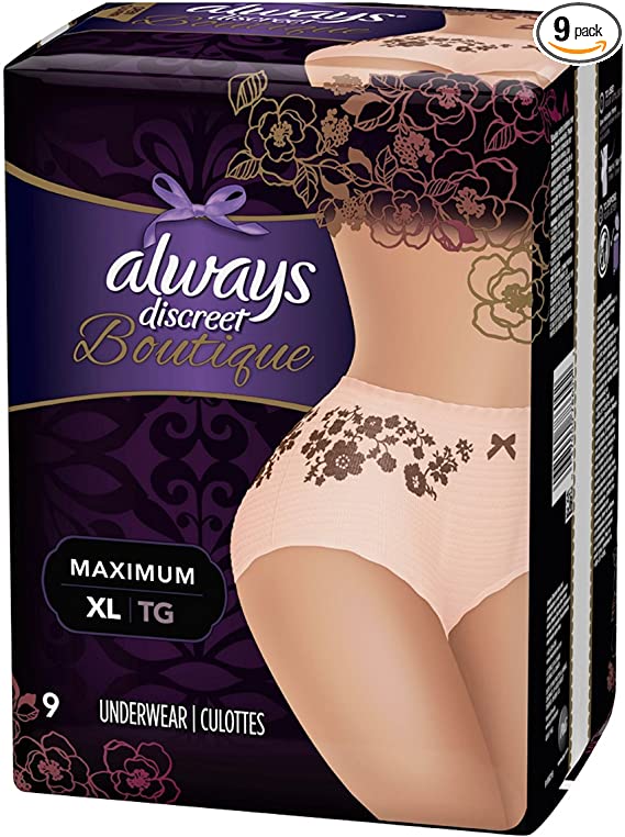 Extra Large, Tan Always Discreet Boutique Incontinence Underwear Maximum, XL - Flower Prints