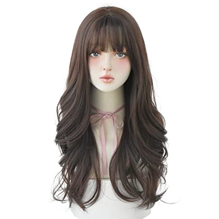 Hair Dye Wig for Women Synthetic Hair Natural Long Curly Wig With Bangs (Brown)