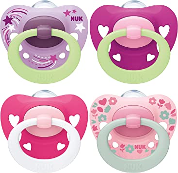 NUK Signature Night & Day Baby Dummies | 18-36 months | Glow in the Dark Soothers | BPA-Free Silicone | Pink | 4 Count