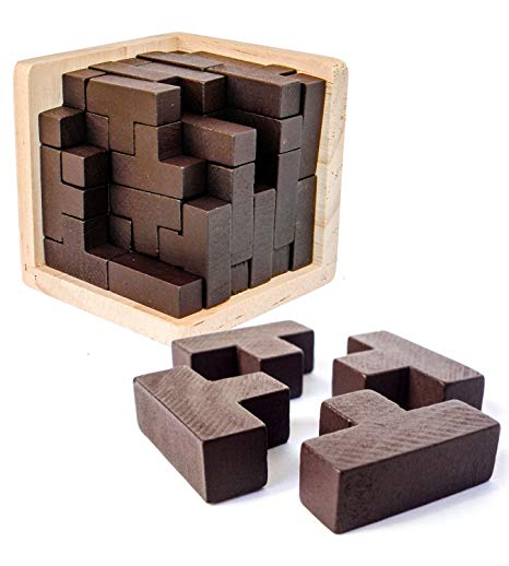 Sharp 3D Wooden Brain Teaser Puzzle by Brain Zone. Genius Skills Builder T-Shape Pieces with Tetris Fit. Educational Toy for Kids and Adults. Explore Creativity and Problem Solving. Painted Finish