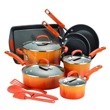 Rachael Ray 14-Piece Hard Enamel Nonstick Cookware Set, Orange