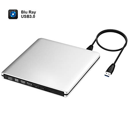 Blu Ray Drive, TopElek USB 3.0 External Blu Ray Player Writer, 4K Portable BD/CD/DVD Burner Drive with Polished Metal Chrome for Mac, Windows 10, Laptop, PC, Silvery