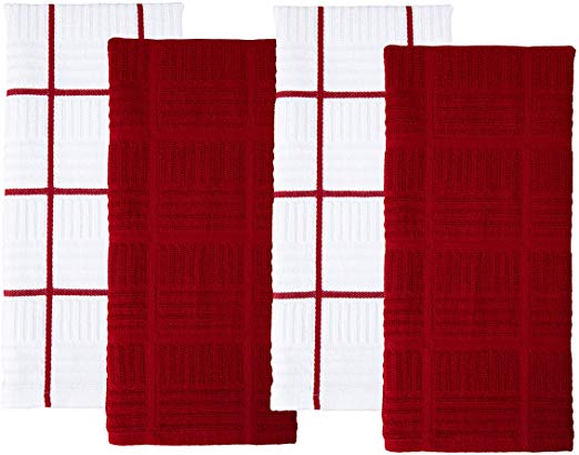 Sticky Toffee Cotton Terry Kitchen Dish Towel, 4 Pack, 28 in x 16 in, Red Check
