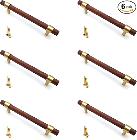 Dresser Drawer Pulls,6-Pack, Walnut and Brass Drawer Pull Luxury Materials 5.04" Center Distance Cabinet Cupboard Dresser Wood Pull Handles