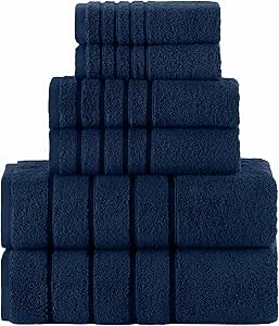 Elegant Comfort 4 Lines Viscose Stripe 6-Piece Premium Towel Set - 100% Turkish Cotton High Absorbent Luxury Bathroom Towels – Includes 2 Washcloths, 2 Hand Towels and 2 Bath Towels Set, Navy Blue