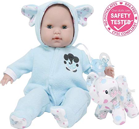 JC Toys 15" Berenguer Boutique Blue Soft Body Baby Doll Open/Close Eyes with Play Elephant Accessory - Perfect for Children 2
