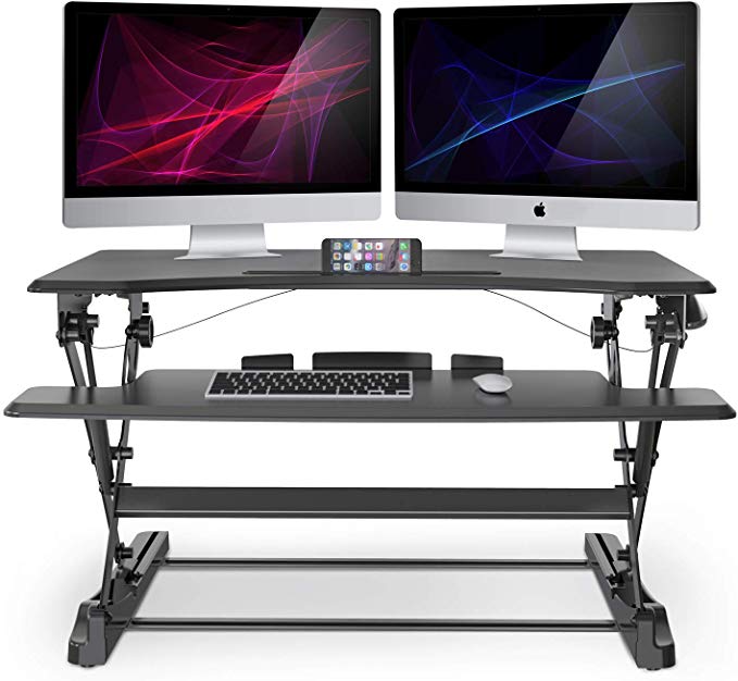 LENTION Gas Spring Height Adjustable Riser Converter Standing Desk Comply with Sit to Stand Ergonomic Principle with 35'' Wide Tabletop Workstation fits Dual Monitors - Classic Black