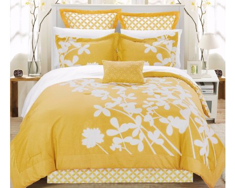 Chic Home Iris 7-Piece Comforter Set with Four Shams and Decorative Pillow, King Size, Yellow, Bedskirt