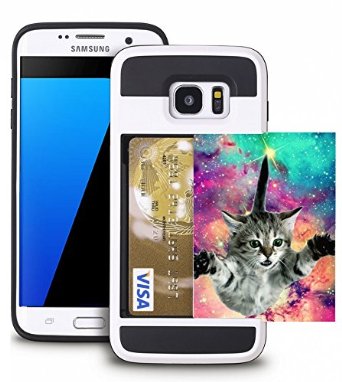 Samsung Galaxy S7 Edge Case Credit Card ID Holder Wallet Cover Shock-Resistant Hybrid Armor Case - Holds 2 Cards & Cash By Corpcase. Designer ID / CARD Slider Pattern Hipster Flying Cat Space Galaxy