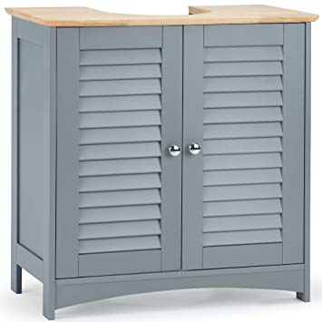 VonHaus Under Sink Cabinet - Solid Wood Top - Shutter Style Cupboard Storage Unit with Double Doors and 2 Internal Shelves – Modern Grey Bedroom or Bathroom Furniture