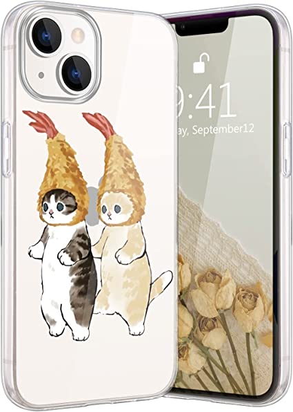 Qiusuo Cute Cartoon Cat Case Designed for iPhone 14 Pro Max, Crystal Clear Lovely Girly Phone Case, Stylish Soft TPU Flexible Cover Shockproof Protective Girly Cases for Girls Women, 6.7 Inch